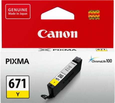 Canon CLI671Y Yellow Ink Cartridge for vibrant prints, 6.5ml capacity, compatible with MG and TS series printers.