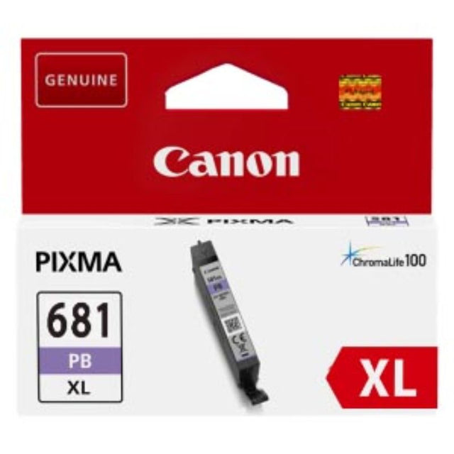 Canon CLI681XLPB Photo Blue ink cartridge for vibrant prints, compatible with Pixma TS8160 and TS9160, delivers high yield and quality.