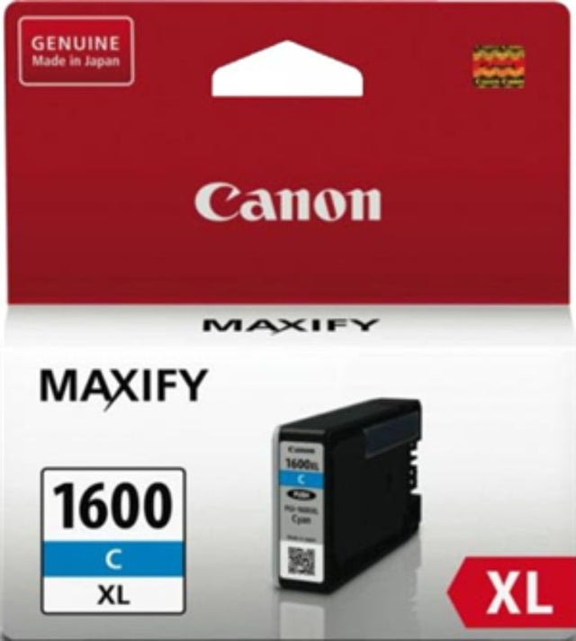 Canon PGI1600XLC Cyan ink cartridge delivers sharp, vibrant prints and 1,020 pages yield; ideal for home and office use.