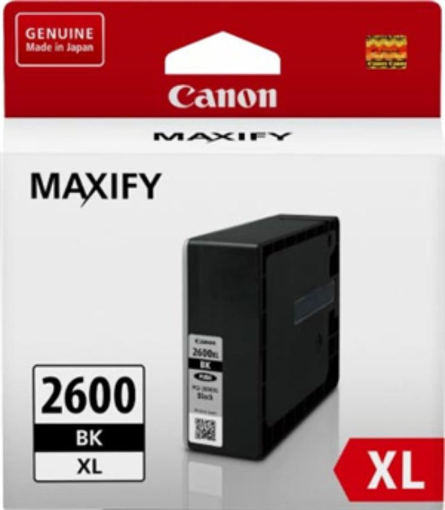 Canon PGI2600XLBK Black ink cartridge, high yield for up to 2,500 pages, designed for sharp text and vibrant images.