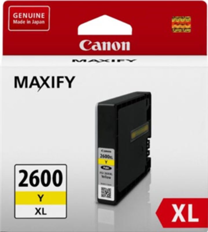 Canon PGI2600XLY yellow ink cartridge designed for high-volume printing, delivering vibrant, smudge-resistant prints up to 1,520 pages.