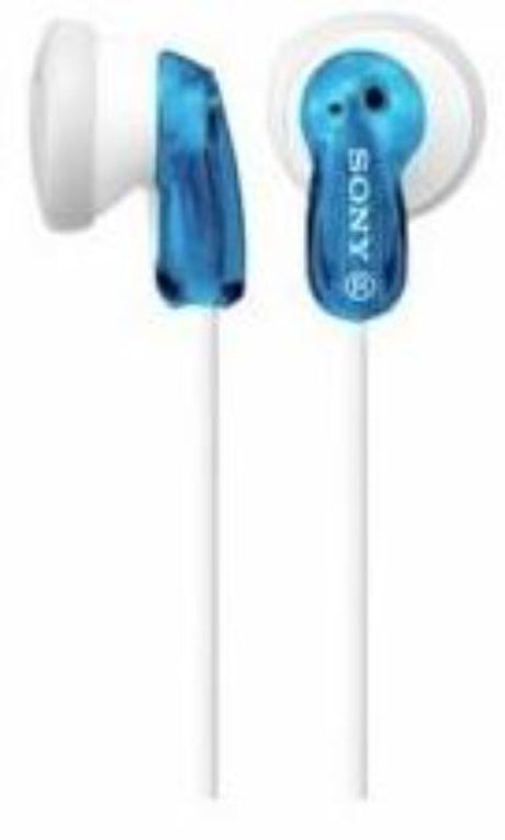 Sony MDRE9LPL Fontopia in-ear headphones in blue, featuring 13.5mm drivers for powerful bass and ergonomic design for comfort.