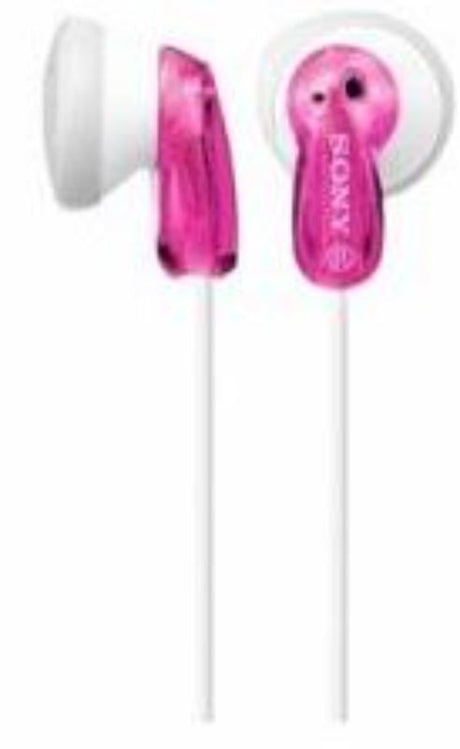 Pink Sony MDRE9LPP Fontopia in-ear headphones with powerful bass, ergonomic design, and 1.2m cord for ultimate comfort.