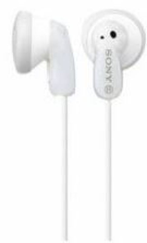 Sleek white in-ear Sony MDRE9LPWI headphones with powerful bass, lightweight design, and 1.2m durable cord.