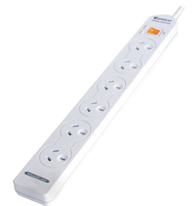 Sansai 6 Way Powerboard with Master Switch, 6 outlets, overload protection, 1m cable, ideal for home or office use.