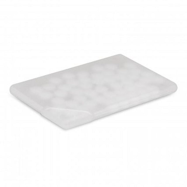 Frosted clear mint card holding 7g of sugar-free mints, designed for convenient breath freshening on the go.