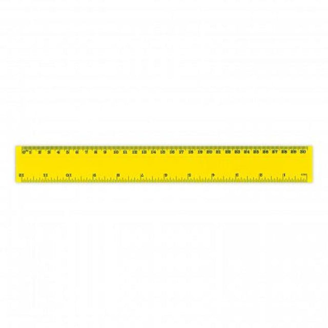 Bright yellow plastic flip rulers, 30cm long with both cm and inch markings, perfect for classrooms and offices. Set of 50.
