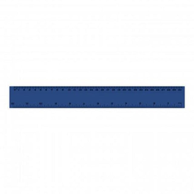 Set of 50 dark blue 30cm flip rulers featuring dual measurements, clear graduations, and a recessed edge for easy pickup.