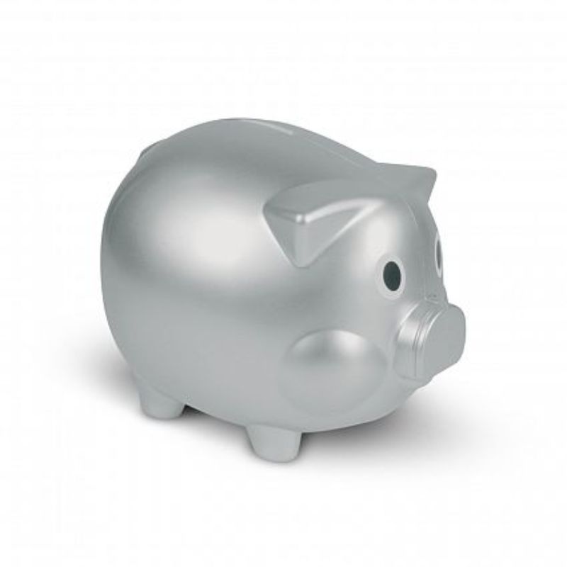 Set of 12 silver piggy banks with a sleek finish, removable plug, perfect for saving and decor. Measures 100mm x 124mm x 98mm.