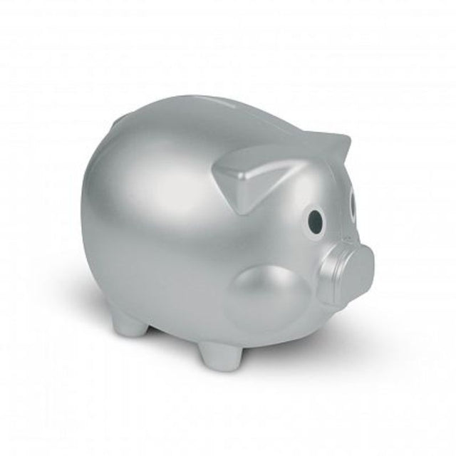 Set of 12 silver piggy banks with a sleek finish, removable plug, perfect for saving and decor. Measures 100mm x 124mm x 98mm.