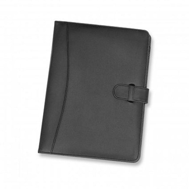 Elegant black portfolio set with built-in calculator, lined pad, pen loop, and card pockets for professionals.