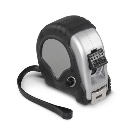 Set of 12 durable silver/black 5m tape measures with dual markings, ergonomic design, belt clip, and wrist strap.