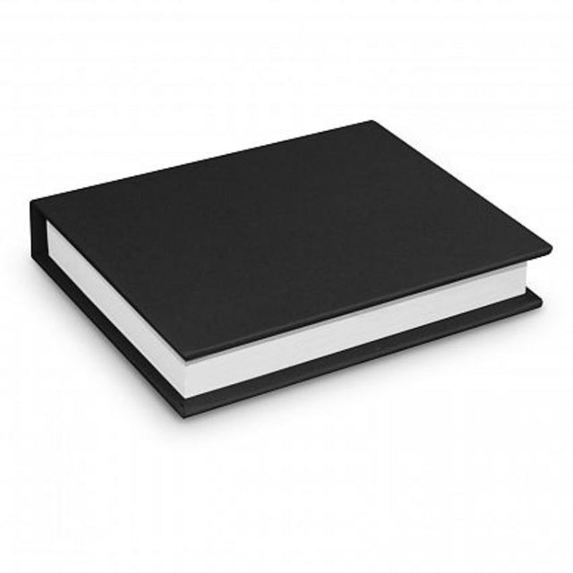 Black hard cover notebooks with sticky notes and colorful flags, ideal for organization and quick note-taking on-the-go.