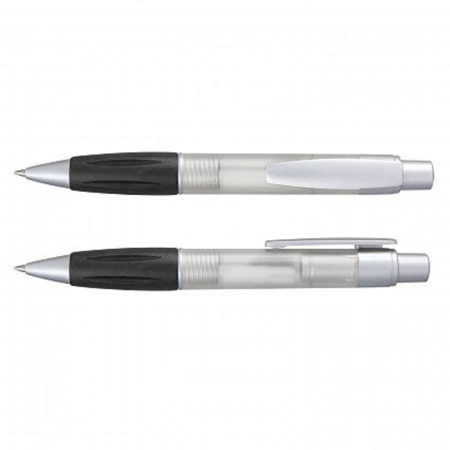 Matrix Pen - Clear set of 100, featuring soft grips, translucent barrels, and smooth-flowing blue ink for effortless writing.