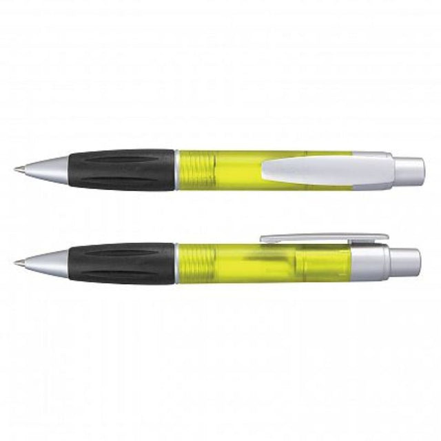 Yellow retractable ball pens with frosted barrels, rubber grips, and blue refills, sold in a set of 100 for bulk use.