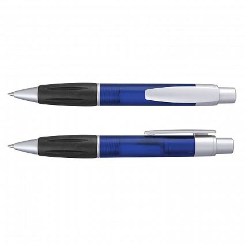 Set of 100 blue retractable ball pens with soft grip, frosted barrel, and 1800 metres of smooth writing ink.