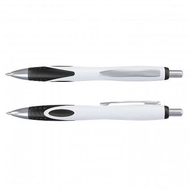 Set of 100 stylish retractable Neo Pens in white and black, featuring a frosted grip and premium blue ink refill.