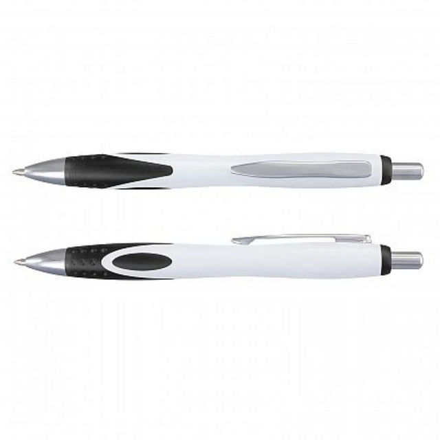 Set of 100 stylish retractable Neo Pens in white and black, featuring a frosted grip and premium blue ink refill.