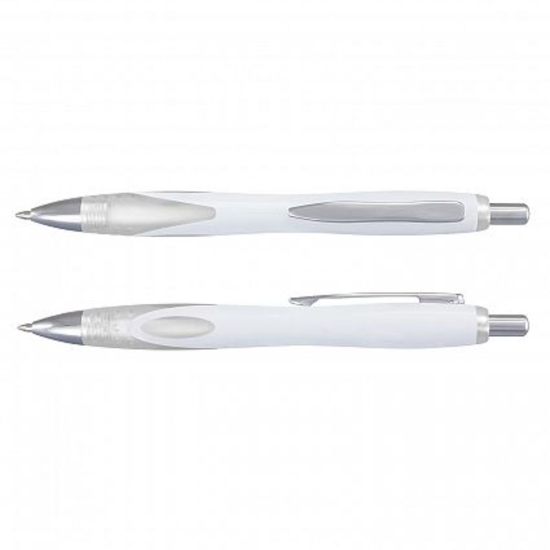 Set of 100 sleek white retractable ballpoint pens with frosted grip, chrome trim, and smooth blue ink for elegant writing.