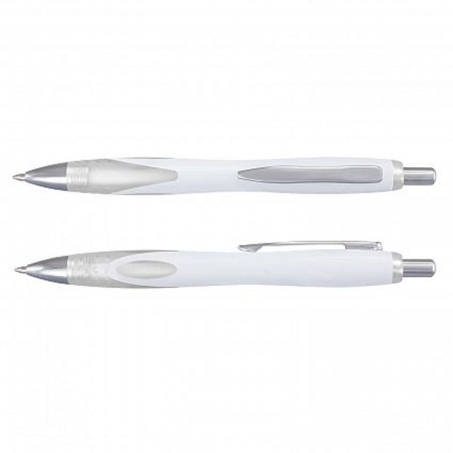 Set of 100 sleek white retractable ballpoint pens with frosted grip, chrome trim, and smooth blue ink for elegant writing.