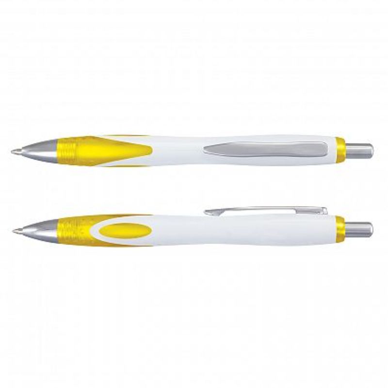 Set of 100 retractable ball pens in white and yellow, featuring a frosted grip, chrome trim, and smooth-flowing blue ink.