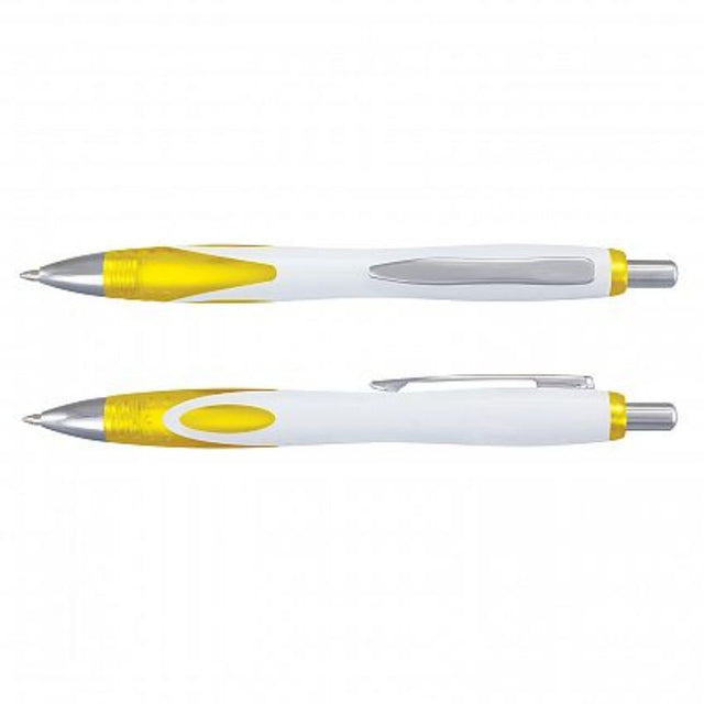 Set of 100 retractable ball pens in white and yellow, featuring a frosted grip, chrome trim, and smooth-flowing blue ink.