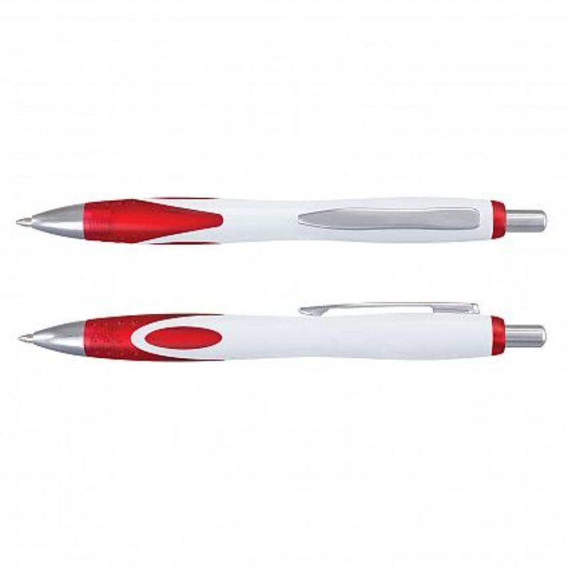 Set of 100 white and red retractable pens featuring a frosted grip and high-quality blue ink for smooth writing.