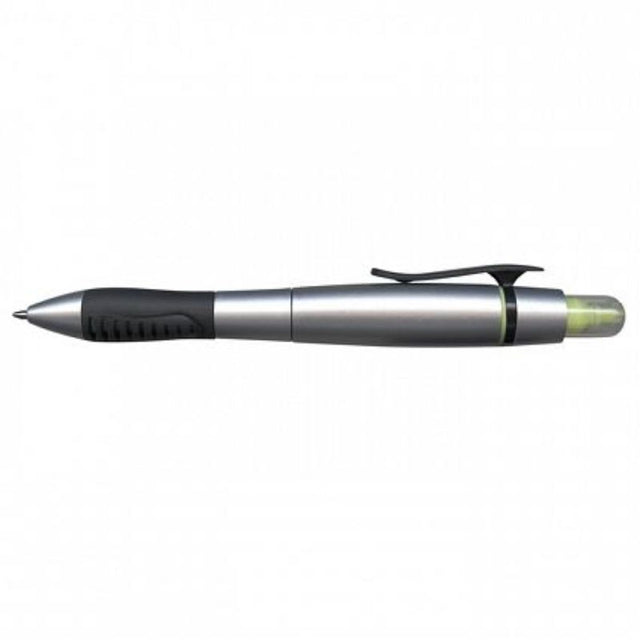 Duo Pen with Highlighter in silver and yellow, featuring twist-action, soft grip, and refillable blue ink, set of 50.