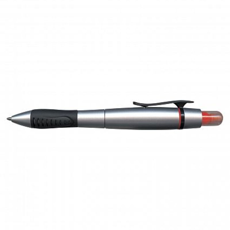 Duo pen with orange highlighter, silver barrel, smooth blue ink, ergonomic grip, set of 50, ideal for office use or giveaways.