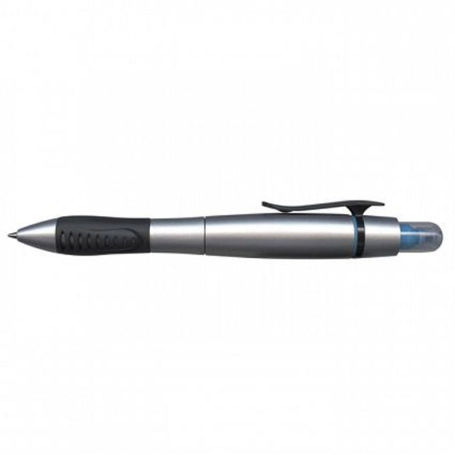 Duo pen and highlighter set in silver/blue, featuring twist action, soft grip, and smooth German ink, ideal for writing and highlighting.