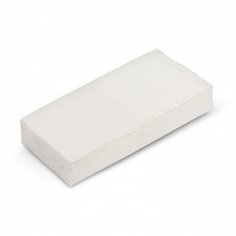Pocket-sized pack of 100 soft, white 3-ply tissues, ideal for promotions and everyday use, measuring 51mm x 98mm.