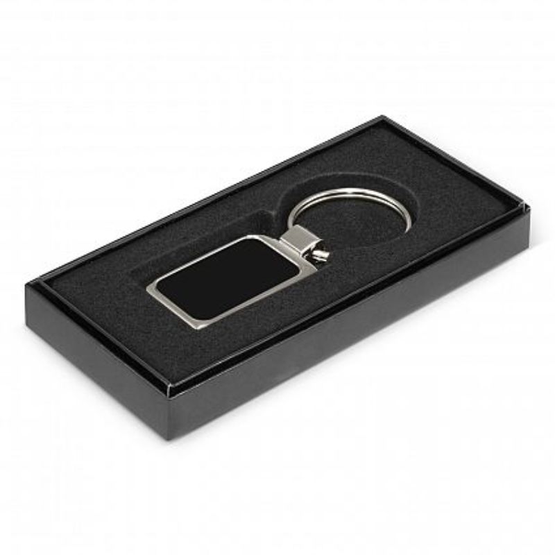 Set of 30 stylish black laser-etched metal key rings in a sleek gift box, perfect for gifts or promotional use.