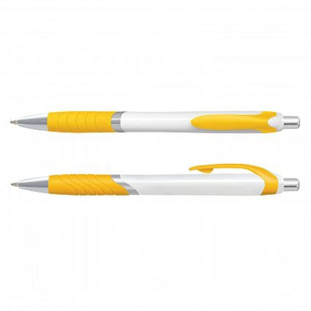 Set of 100 vibrant yellow Jet Pens with soft-touch grip, retractable design, and smooth black ink for comfortable writing.