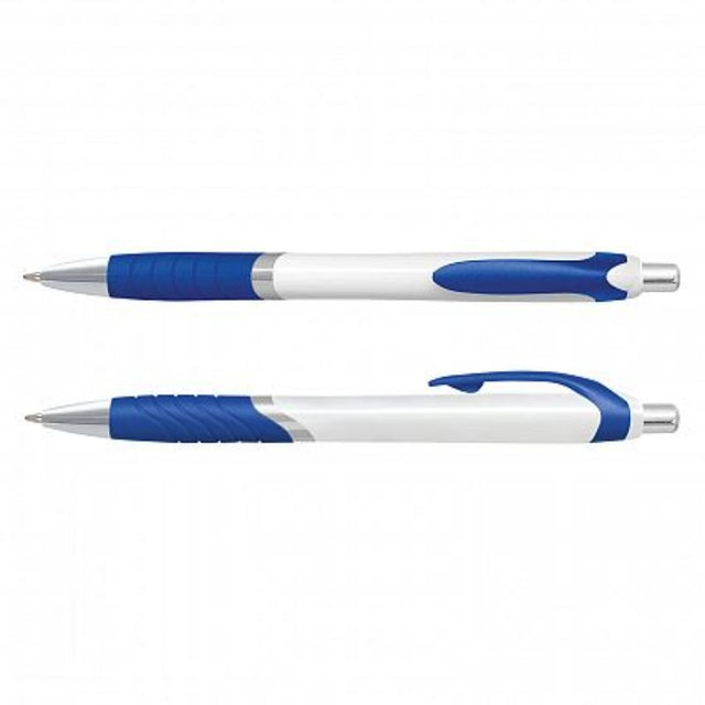 Dark blue retractable ball pen set of 100, featuring a soft-touch grip and chrome trim for comfortable writing.