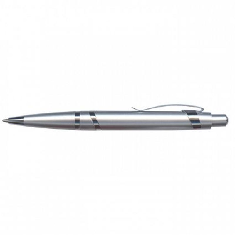 Set of 30 sleek silver retractable ballpoint pens with chrome trim, featuring high-capacity blue ink for smooth writing.