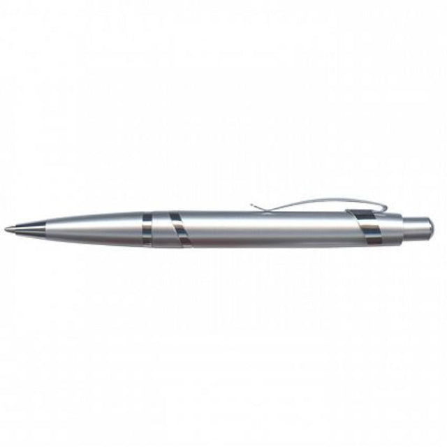 Set of 30 sleek silver retractable ballpoint pens with chrome trim, featuring high-capacity blue ink for smooth writing.