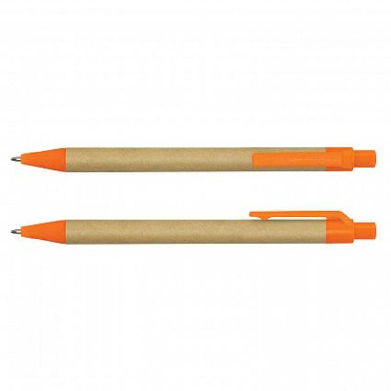 Eco-friendly retractable ball pens in natural and orange, made from recycled cardboard, set of 100 with smooth blue ink.