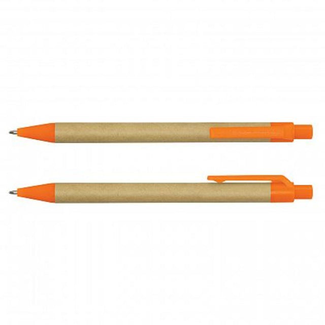 Eco-friendly retractable ball pens in natural and orange, made from recycled cardboard, set of 100 with smooth blue ink.