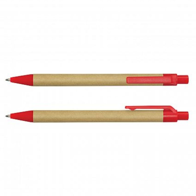 Eco-friendly retractable ballpoint pen set of 100, featuring a recycled cardboard barrel in natural and red colors.