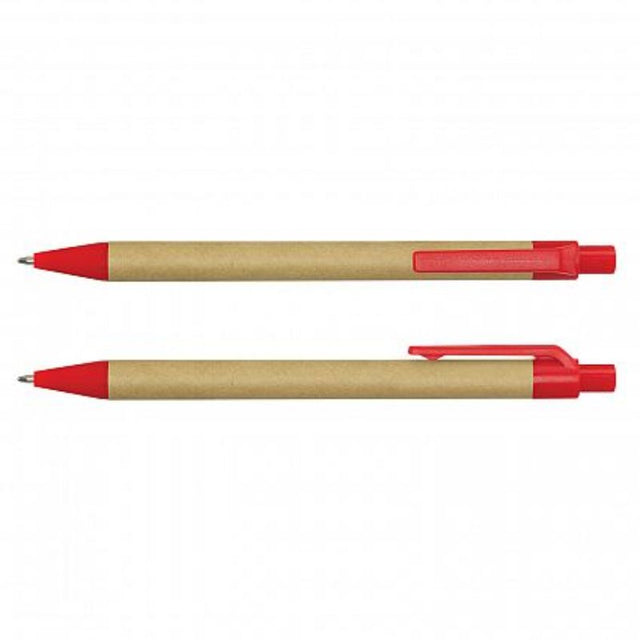 Eco-friendly retractable ballpoint pen set of 100, featuring a recycled cardboard barrel in natural and red colors.