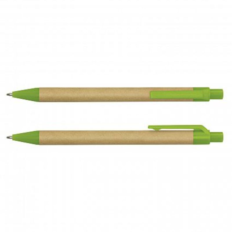 Eco-friendly bright green retractable pens with recycled cardboard barrel, featuring smooth blue ink refills, set of 100.