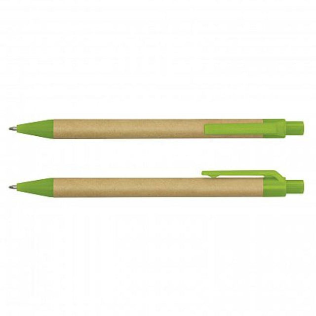 Eco-friendly bright green retractable pens with recycled cardboard barrel, featuring smooth blue ink refills, set of 100.