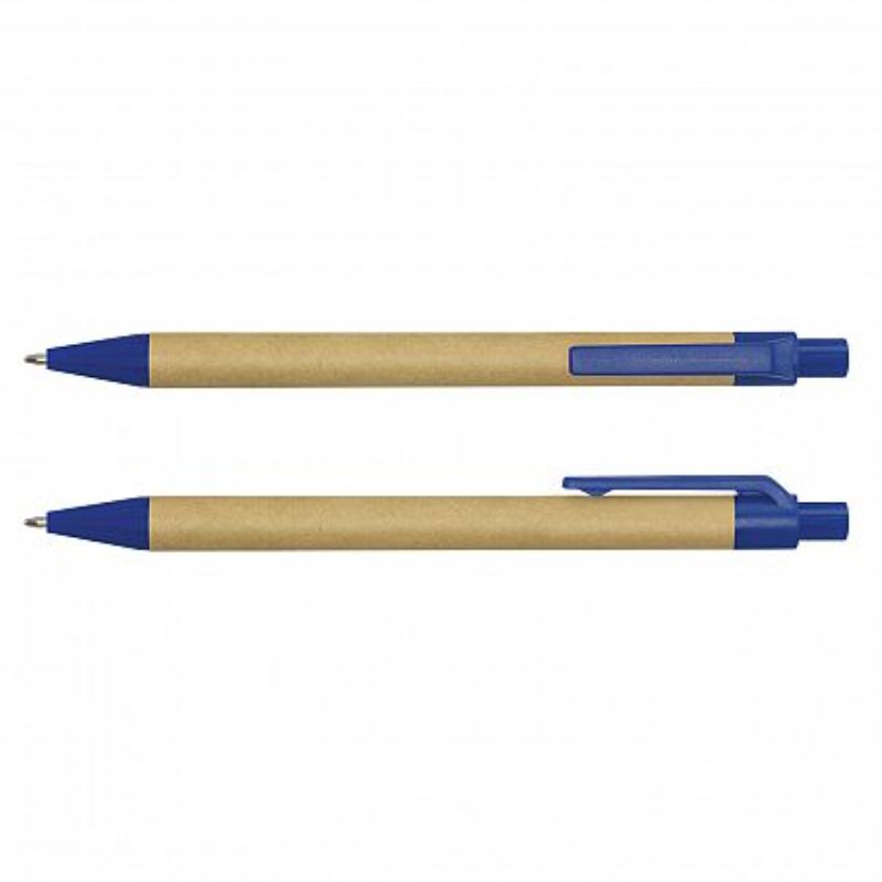 Eco-friendly retractable ball pens in natural and blue, featuring recycled cardboard barrels and smooth Dokumental ink refills.