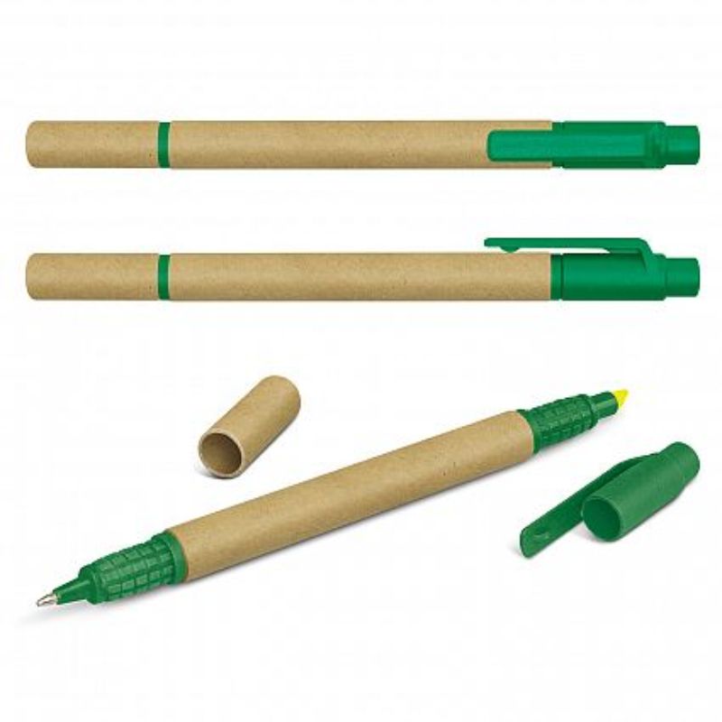 Eco-friendly highlighters in recycled cardboard, yellow ink, and blue refill; sustainable writing for schools and offices.