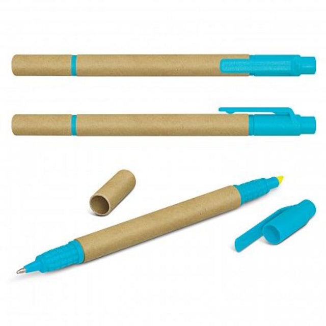 Eco-friendly light blue highlighters with recycled cardboard barrels, featuring smooth-writing German ink and 100 units per set.
