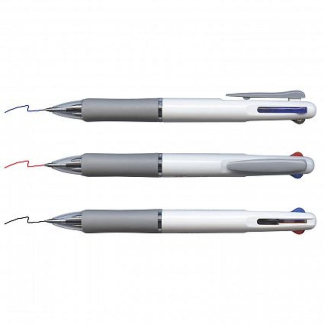 Multi Pen set of 100 in white/grey, featuring a soft grip and three ink colors: red, blue, and black for versatile writing.