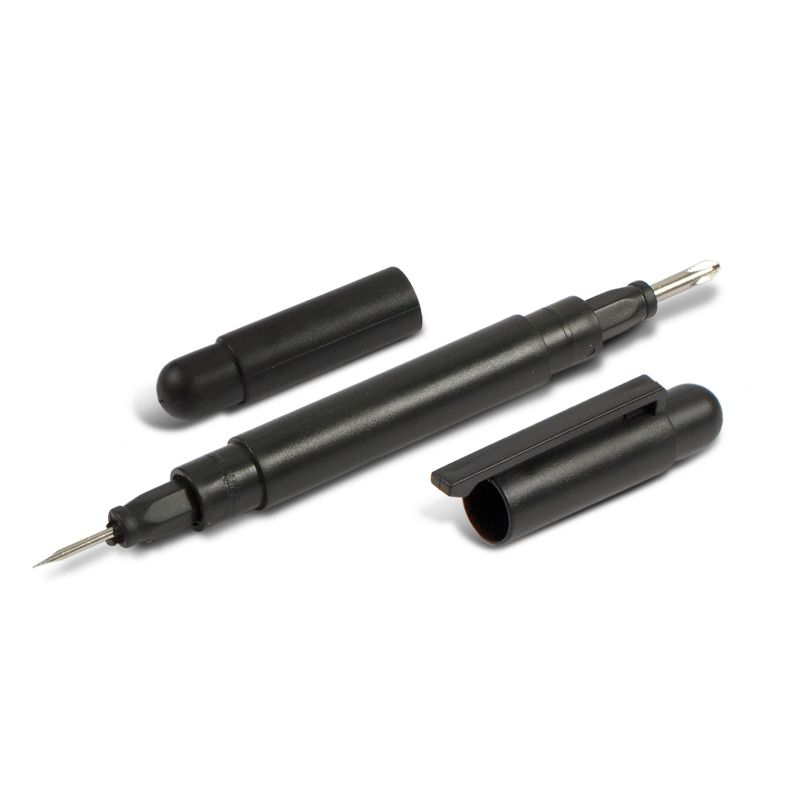 Set of 50 black pocket screwdrivers with interchangeable tips, compact design, and secure pocket clips for easy carrying.