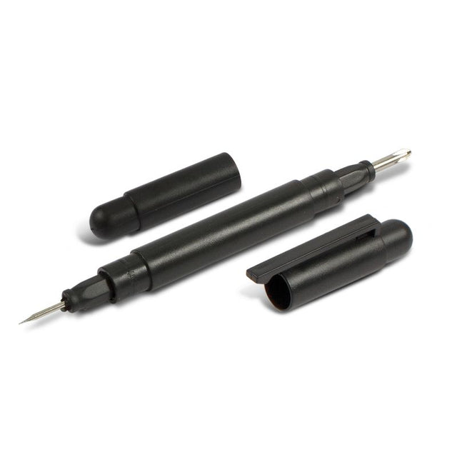 Set of 50 black pocket screwdrivers with interchangeable tips, compact design, and secure pocket clips for easy carrying.