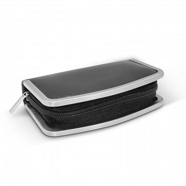 Luxurious black manicure set of 12, featuring essential nail care tools in a stylish zippered case with matte chrome trim.