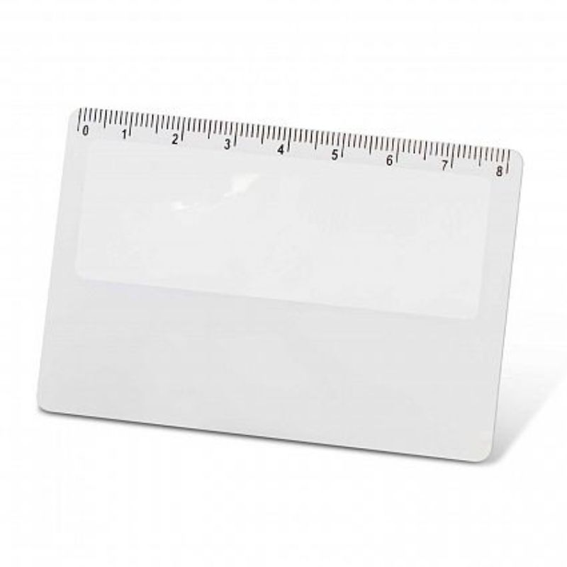 Set of 100 white card magnifiers featuring a built-in 8cm ruler, perfect for reading fine print and quick measurements.